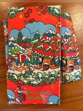 Vintage 1982 Merry Smurf Christmas Wrapping Paper—Partial Sheet